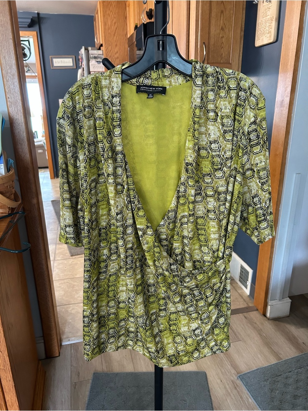 Jones New York Lime Green Geometric Wrap-Style Blouse